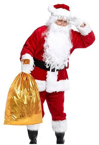 Kcolic 11-Teiliger Weihnachtsmann-Anzug Für Herren, Luxuriöses Weihnachtsmann-Kostüm Für Erwachsene, Gürtel+Handschuhe+Stiefelüberzüge Aus Leder+ Glocke+Brille+Perücke+Süßigkeitenbeutel 6XL.
