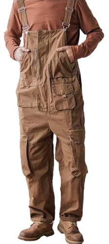 Rexcyril Men's Bib Overalls Loose Fit Baggy Casual Workwear Fashion Lightweight Sloppy Coveralls with Cargo Pockets, Brown, 38