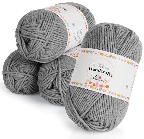 Aeelike 200g(4x50g) Wolle zum Häkeln, 5Ply Baumwolle Häkelgarn, Baumwollgarn für Häkeln und Kunsthandwerk, Dunkelgrau