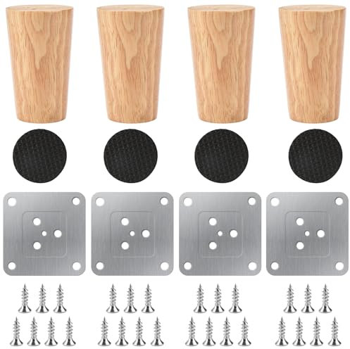 8cm Möbelfüße Holz Möbelbeine, 4 Stück Massivholz Konisch Ersatz Möbelfüße, Schrankfüsse Holz, mit Montageplatten, Schrauben, Leise Gummipads, Holz Tischbeine, für Sofa Bett Schrank Couch Stuhl