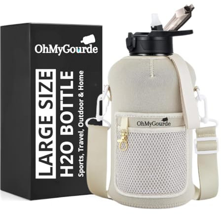 Gourde 2L beige avec pochettes de rangement et couvercle en paille - Gourde de sport sans BPA avec poches - Étanche - Gourde réutilisable avec sangle, poignée pour l'hydratation quotidienne