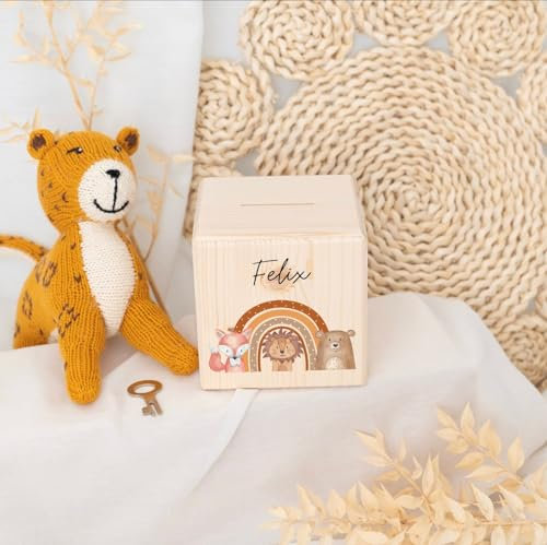 wunderwunsch® - Personalisierte Spardose Kinder aus Holz mit Metallschloss - Spardose mit Namen mit kinderfreundlichem UV-Druck zum Sparen für Kinderträume
