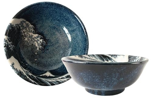 Mino ware AKD201 Lot de 2 bols japonais en poterie japonaise pour ramen et nouilles Donburi Mt.Fuji et Big Wave Bleu