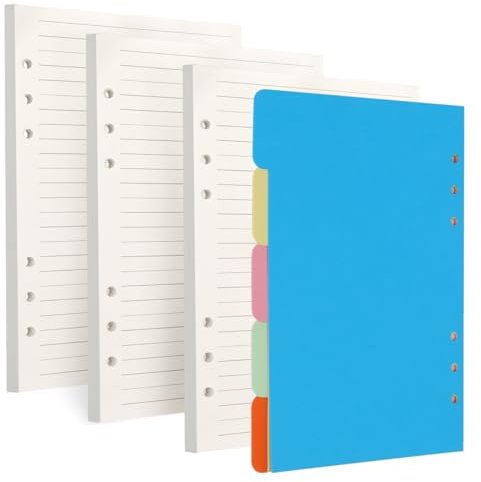 FYY Nachfüllblöcke und Trennblätter – 3 Packungen 100 g/m² dickes Papier, 6-Loch-Einsätze, 135 Blatt (270 Seiten) mit 5 A5-Trennblättern für 6-Ringbücher