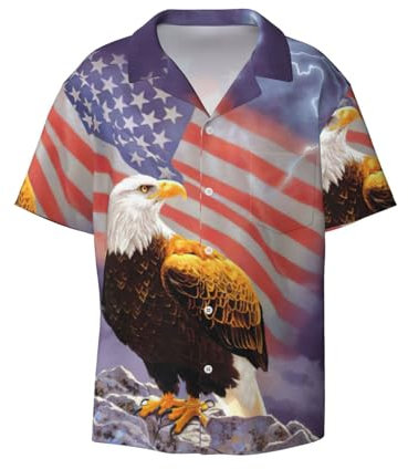 Herren-Hemd, Motiv: Adler mit USA-Flagge, athletisch, schmale Passform, kurzärmelig, lässig, Business-Stil, Button-Down-Shirt, Schwarz , XXL