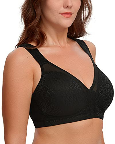 Curyon Women's Front Closure Back Support Minimiser Bra Full Figure Jacquard Black 38B