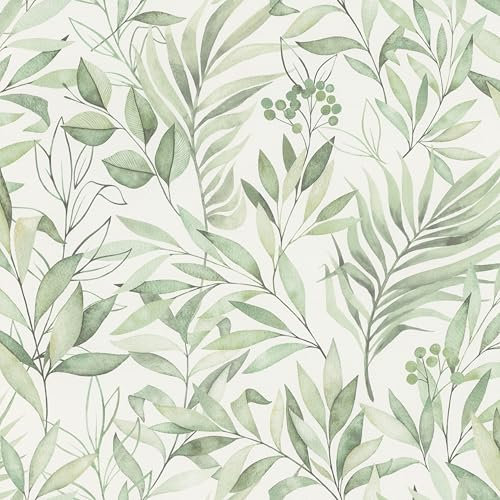 Rasch Tapete 286052 - Helle Papiertapete mit grünen Blättern in moderner Aquarelloptik- 10,05m x 0,53m