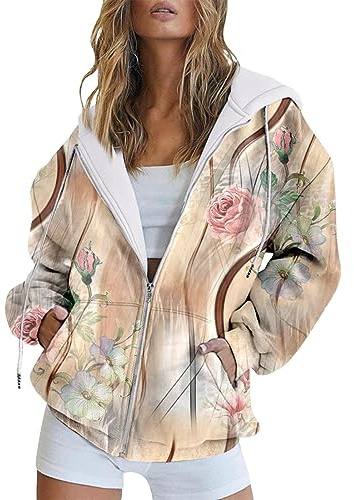 Sweat A Capuche Femme Rose Gilet Noir Zip Femme Mode Automne Et Hiver Chaud Coloré Rétro Fleur Imprimé Poche Décontractée À Manches Longues Cordon À Sweatshirt Femme Coton Vert VêTement Femme Bleu