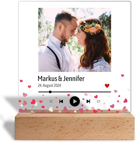 True Statements Acrylglas-Aufsteller „Song Cover“ - personalisiertes Glasbild mit Foto - Fotogeschenk - 15x18 cm, inkl. Holzständer (Herzen 2)