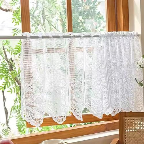 Devola Tenda a pannello jacquard, in pizzo, stile rustico, da bistrò, con motivo floreale, piccola tenda corta da cucina, con listello forato, 60 x 100 cm, colore bianco, 1 pezzo