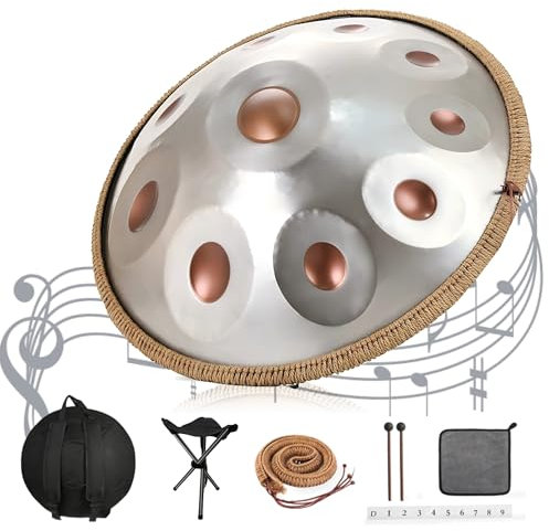 Handpan 440 Hz, 10 Töne 22 Zoll Steel Instrument, Handpan Drum Gold in D Minor Zungentrommel mit Weicher Tasche, Schlägeln, Handtrommelständer (Silver, 10 Töne 22 Zoll)