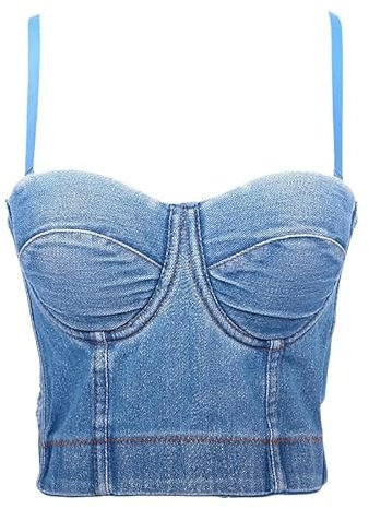 CHAWKE Corpiños Mujer,Corsé Vaquero De Moda para Mujer, Ropa De Fiesta, Top Corto con Tirantes Finos Ajustables, Ropa Moldeadora, CamisolaRopa De Calle para Salir, Azul S