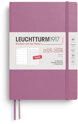 LEUCHTTURM1917 372803 Wochenkalender & Notizbuch Medium (A5) 2026, 18 Monate 07.2025-12.2026, Softcover, Dusty Rose, Englisch