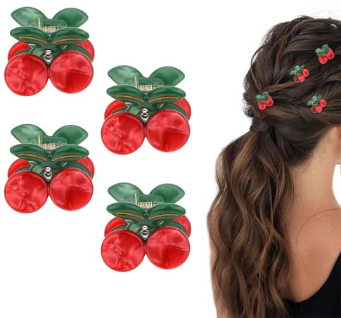 Niedliche Kirsche Haarspangen, 4 Stück Haarspangen Mini Obst Clip für dickes Haar Accessoire für Frauen und Mädchen