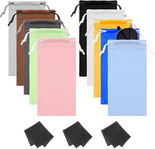 Hpmjz 10 Pcs Microfiber Pouch Case Bag Microfiber Glasses Pouch Sleeve with 3 Cleaning Cloths Premium Quality Soft Drawstring Sunglasses Bag for Phone Eyeglass Case Screen Cleaning & Storage Bag