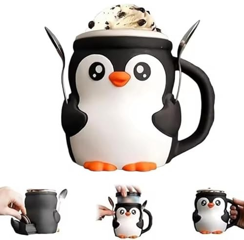 Cute Penguin Ice Cream Pint Holder,Niedlicher Eiscreme Pint Halter mit 2 Löffeln,473ml Anti-Freez Hände Eisbecher Mit Löffelschlitz,Geheimer Snackschublade,Wiederverwendbarer Eiscreme-Hülle (Schwarz)