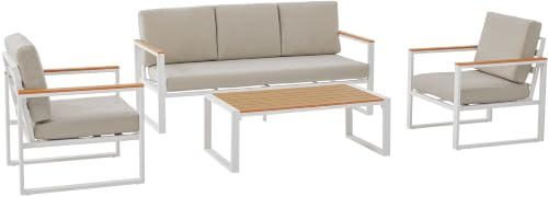 CLP Sitzgruppe wetterfest für Garten Rodiesa, Zwei Sessel, 3-Sitzer Sofa, Gartentisch eckig, Gartenlounge Set Aluminium, inklusive Sitzpolster | Farbe weiß