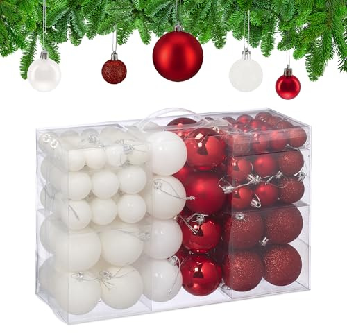 Relaxdays Weihnachtskugeln 100er Set, Weihnachtsdeko, matt, glänzend, glitzernd, Christbaumkugel ∅ 3, 4 & 6 cm, weiß/rot