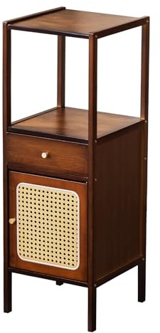 Welnow Rattan-Bücherregal mit Schublade und Tür, 3-stöckiges Mid-Century Moderner Holzaufbewahrungsschrank, schmaler Boden, Bücherregal mit Metallgriff, offenem Regal und Rattantür für Wohnzimmer oder