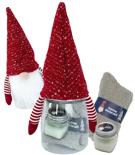 kda Wichtelgeschenk „Greta“ – Kerze & Kuschelsocken im Wichtel-Design in wiederverwendbarer Wichteldose Freunde, Kollegen, Lieblingsmenschen (Greta (rot))