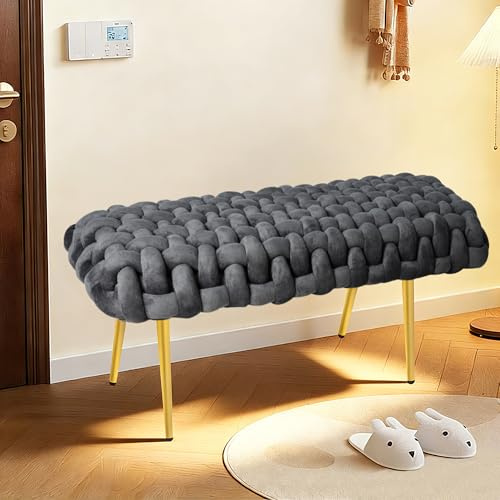 Samt Sitzbank Flur Polsterbank, Bettbank mit Metallbeinen, 46 x 110 x 46 cm, Gewebtes Design Fußbank im Moderner Stil, bis 150 kg belastbar, für Wohnzimmer Schlafzimmer, Esszimmerbank (Grau)