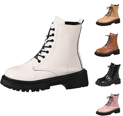 Momolaa White Ankle Boots for Women Patent Leather Platform Lug Sole Combat Booties Lace up Low Block Chunky Heel Side Zipper Fall Winter Black Military Boot Shoes Stylish Footwear Gift Size 6.5