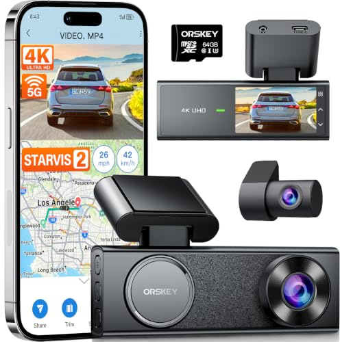 ORSKEY 4K Dash Cam Front and Rear, STARVIS 2 Sensor, 64GB SD Card Included,4K 2160P/FHD Car Dash Cam,Dash Camera for Cars with 5GHz Wi-Fi GPS, 2.45 IPS, WDR Night Vision, 24H Parking Mode