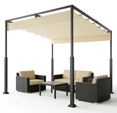 Ferzone Pergola en métal 3 x 3 m avec toit ouvrant en polyester revêtu de polyamide - Protection UV - Tonnelle de jardin étanche avec structure en acier robuste - Toit de terrasse - Protection solaire