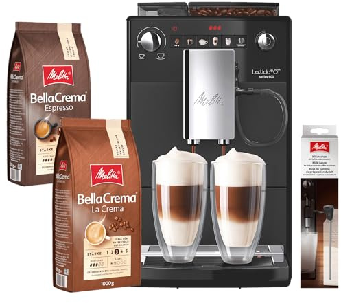 Melitta Latticia OT Kaffeevollautomat Schwarz, Genuss-Set mit Milchlanze, 1 kg BellaCrema LaCrema, 1 kg BellaCrema Espresso