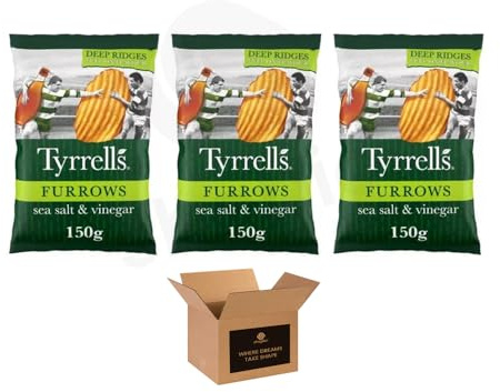 Tyrrells Sharing Crisps – Hand Cookek Crisps Variety, Sea Salted, Cheddar & Chive, Sweet Chilli, Cider Vinegar and More | Party Snack (Furrows Sea Salt & Vinegar 150g - Pack 3)