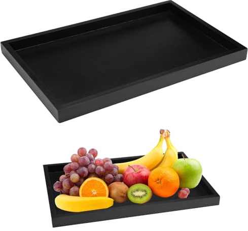 Black Wood Serving Tray 32 X 20 X 2cm Solid Wood Rectangle Coffee Table Anti-Slip Trays Modern and Elegant Great for Serving Drinks, Tea, Foods, Snack, Meals