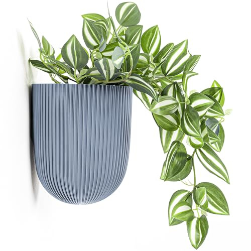 KONZEPT Blumentopf mit dezenter Wandbefestigung Ø 14,6 cm – Matter, geriffelter Hängetopf 2,1 L für Pflanzen, UV- & frostbeständig, für Innen & Außen, Grau