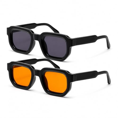 2-Pack Rectangle Sunglasses for Men Women, Retro Vintage Square Frame