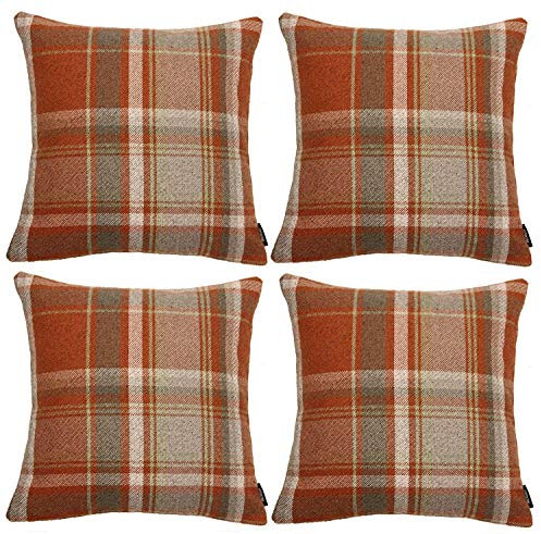 McAlister Textlies Heritage | 4er Pack Kissenbezüge im Karierten Tartan Muster | 43 x 43 cm in Terracotta Orange | Deko-Kissenbezüge im zeitlosen Karomuster