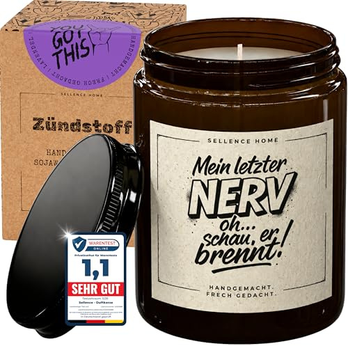 ZÜNDSTOFF Duftkerze Mein letzter Nerv, lustige Geschenke für Frauen, 70 Std | Lustige Kerze, 210 g Sojawachs, vegan, Lavendel, handgegossen in Europa, Schraubdeckel, Amberglas, Geschenkbox, plastikfrei
