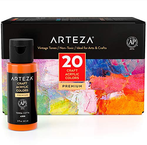ARTEZA Craft Acrylic Paint, 20 Vintage Tones, 60 ml Bottles, Water-Based, Matte Finish, Outdoor Paint for Art Projects on Different Surfaces