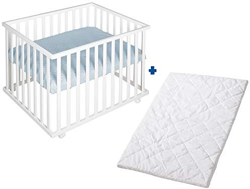 roba Set inkl. Laufgitter 75 x 100 cm + Matratze - Laufstall Komplettset mit Einlage roba Style hellblau - 3-fach höhenverstellbar - Holz weiß