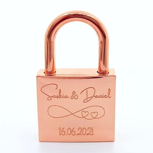 Liebesschloss24.de Vorhängeschloss Roségold mit persönlicher Diamant-Gravur 1 Schlüssel Romantisches Geschenk, 67 x 38 x 12 mm