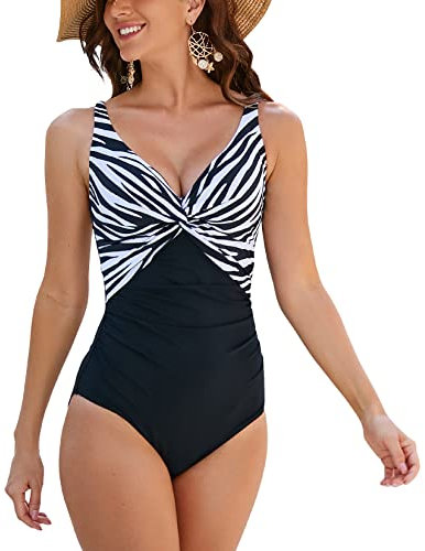 WIN.MAX Maillots de Bain Une pièce pour Femmes Maillots de Bain pour Le contrôle du Ventre Push up Maillots de Bain Monokini froncés, pour Cupule D à G (Imprimé zèbre, FR44)