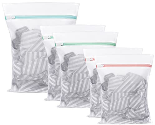 Flintronic Mesh Laundry Bags, 5pcs Laundry Bag with Zips, Bra Wash Bags Mesh Laundry Bags for Washing Machine, Reuse Washing Machine Bag for Blouse, Hosiery, Underwear, Bra, Lingerie, Baby Clothes