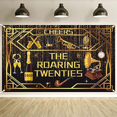 Roaring 20s Party Dekorationen Banner – Schwarz und Gold Geburtstag Vintage Musik Themed Speakeasy Dekor Hintergrund für 1920er Jahre Hochzeit Retro Jazz Party Supplies
