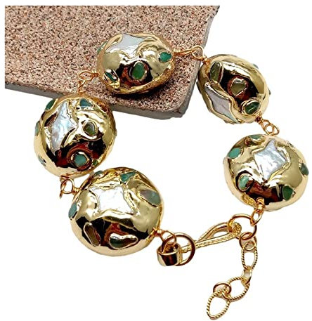 LAnGSHAW Wickelarmband mit weißen Süßwasserperlen in Sternform, grüne Chrysopras-Chips, 20,3 cm