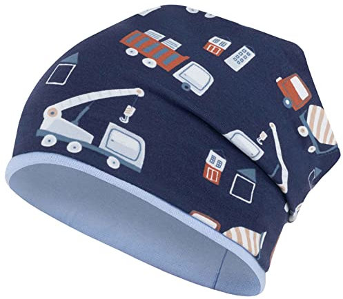 Mütze Junge Kindermütze Übergangsmütze Baumwolle Beanie doppellagig, Größe: 50/52, Farbe: Dunkelblau-Baustelle