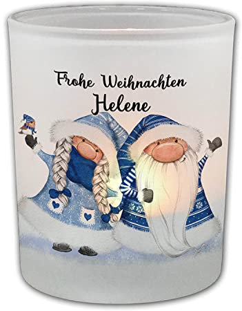 FEENSTAUB Windlicht Glas, Weihnachten Deko Winter, Teelichthalter Glas Personalisiert Mit Name, Kerzenglas, Weihnachtsgnomen, Tischdeko Teelicht
