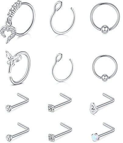 AVYRING 20G Nasenstecker L Form Nasenpiercing Ring Hoop Chirurgenstahl Corkscrew Opal CZ Herz Schmetterling Nostril Piercing Silber 12 Stück
