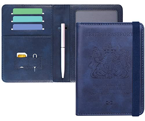 DMLuna Passport Holder, Premium PU Leather Travel Passport Wallet RFID Blocking Passport Cover Case Travel Documents Organizer with Pen Holder, for Women and Men - Navy Blue