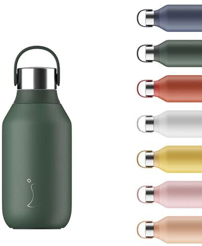 Chilly's Series 2 Water Bottle - Stainless Steel Thermal Bottles with Double Wall Vacuum, Soft Collar & Carry Loop - Pine Green, 350ml