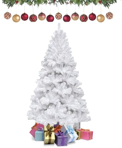 Randaco Albero di Natale artificiale, 150 cm, bianco, resistente al fuoco, 200 punte, pieghevole, con albero di Natale 5FT