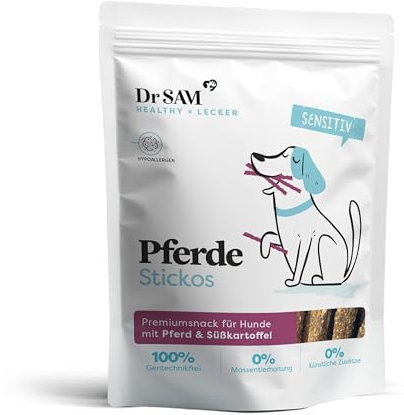 Dr. SAM Premium Snacks für Hunde - Pferde Stickos als gesunde Leckerlis für empfindliche Magen - hypoallergenes Pferdefleisch mit Süßkartoffel und Leinsamen - glutenfrei - Treat for Dogs - 100g