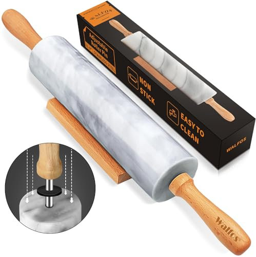 Walfos Rouleau à pâtisserie en marbre avec poignées en bois et berceau en bois, 42 cm, rouleau à pâtisserie en marbre pour la fabrication de pâte à pizza et tortillas, rouleau à pâtisserie pour croûte